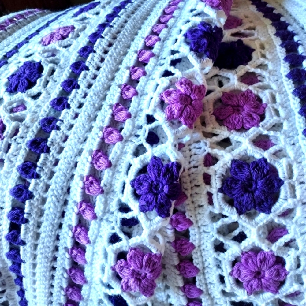 Hand Crocheted Blanket: Purple on White background:Size 105" x 68" approx - Picture 3 of 11